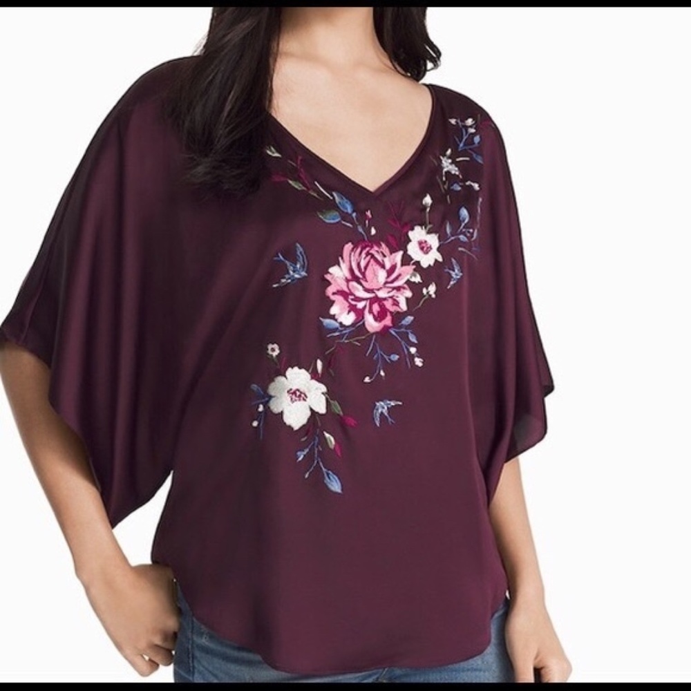 Purple Mid Sleeve Flower Embroidered Blouse